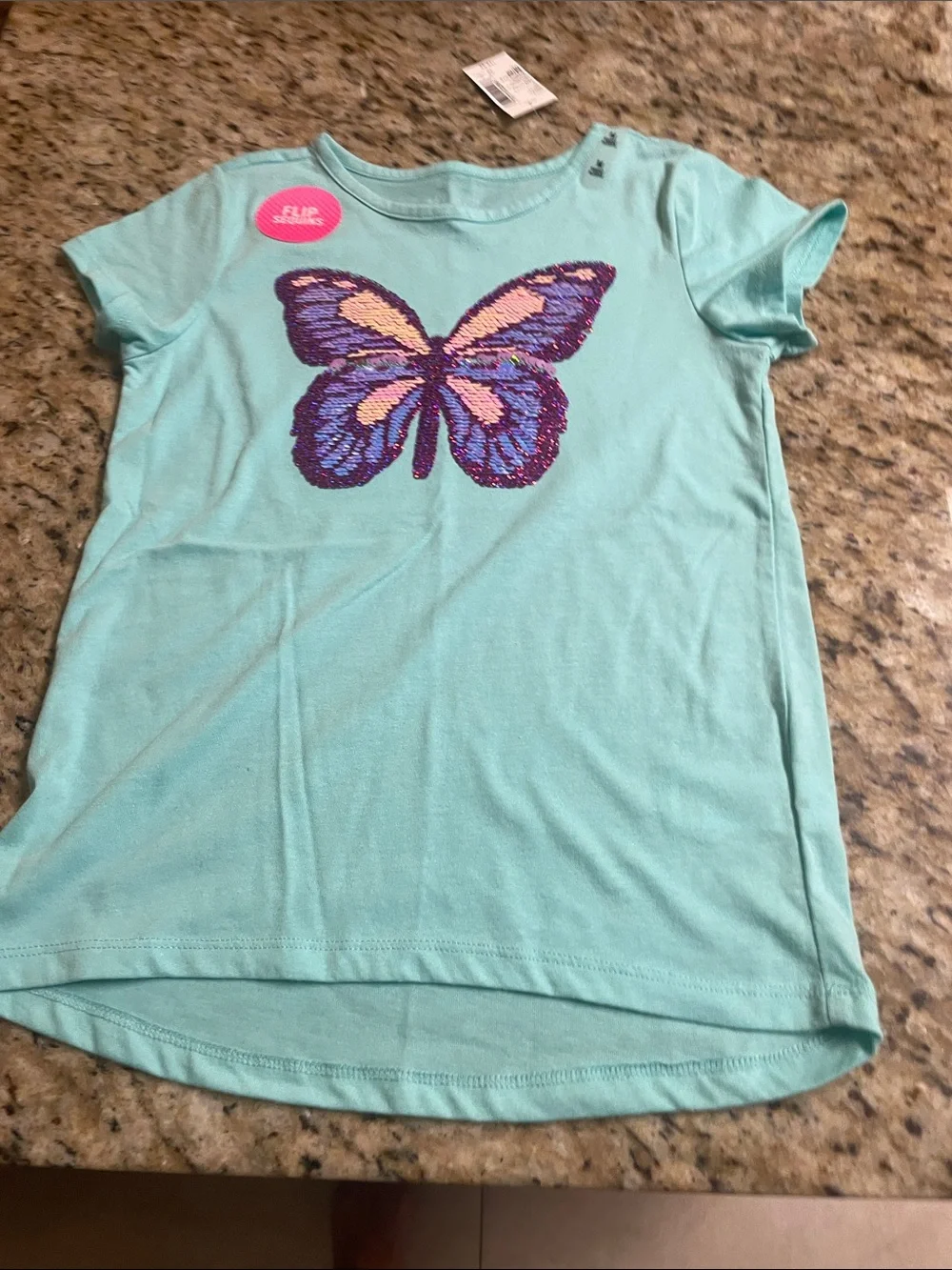 NWT The Children's Place Girl’s Teal Short Sleeve Butterfly Sequin Tee Size 7/8